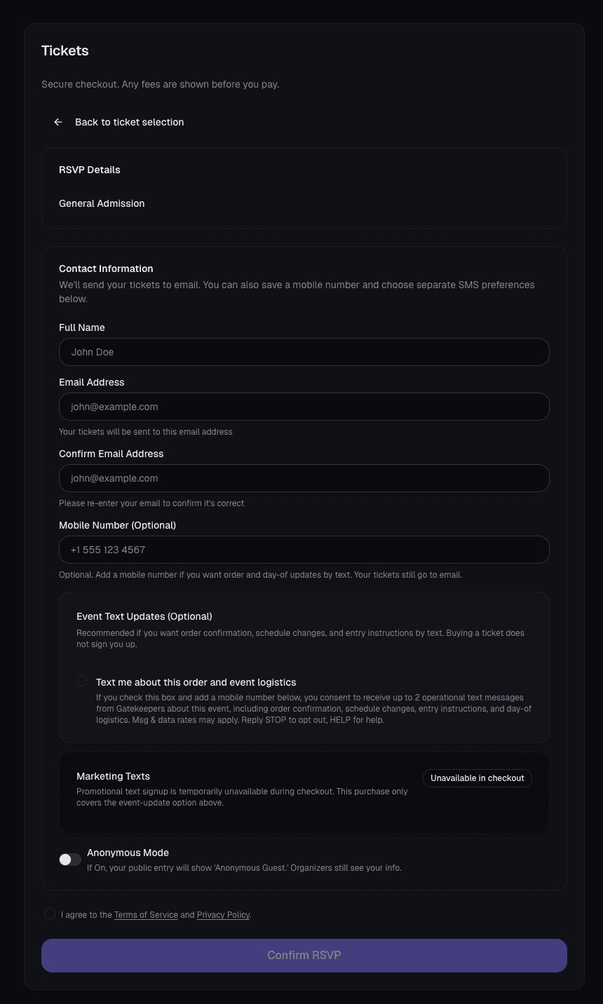 Web checkout page showing the contact information fields for name and email before the buyer opts into event text updates.