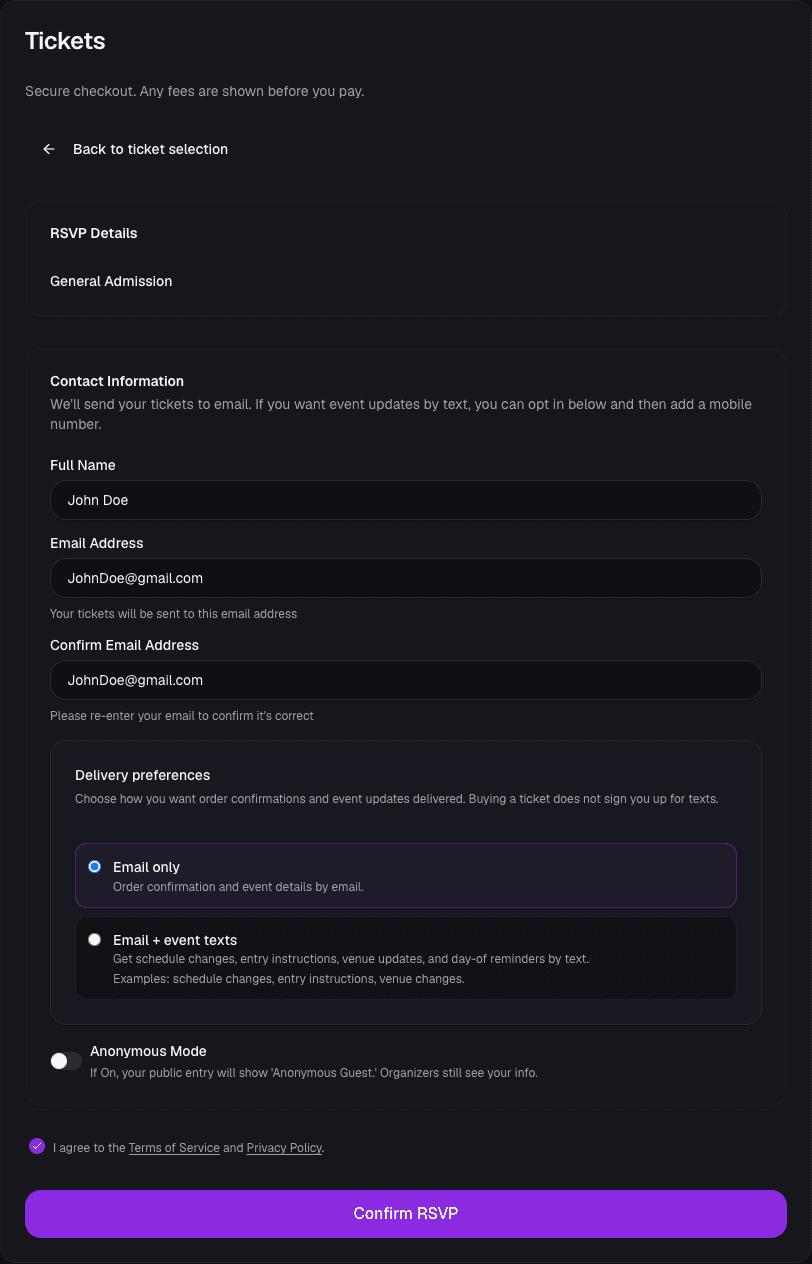 Web checkout Delivery preferences card showing Email only selected in the radio group, with no marketing text signup shown on the page.