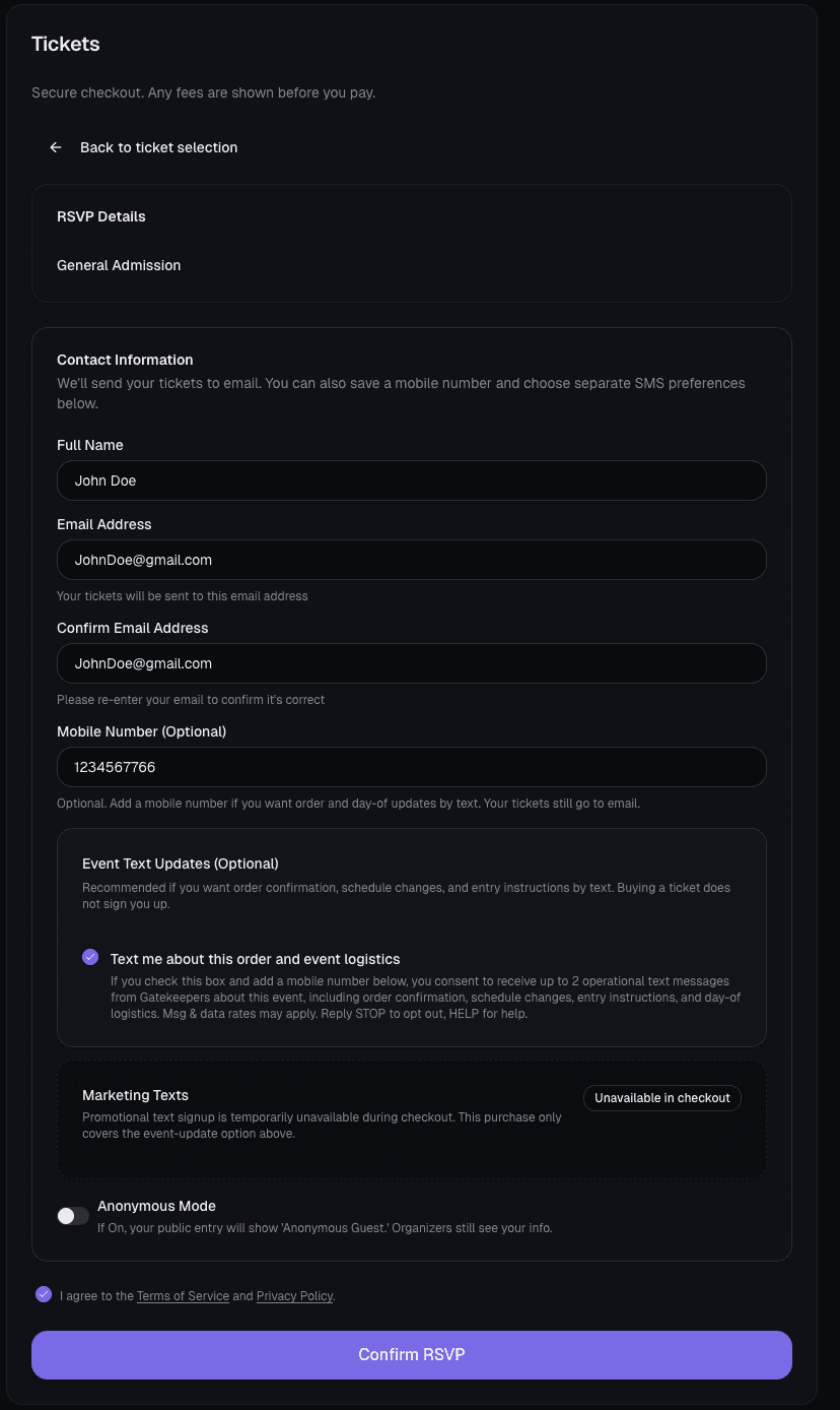 Web checkout page with the operational event-updates checkbox checked, a valid mobile number entered, and the separate marketing notice still visible.