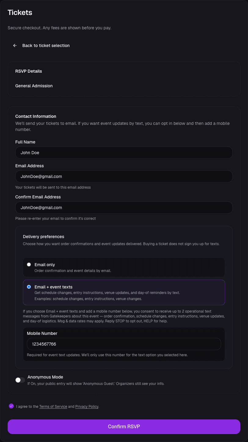 Web checkout page with Email + event texts selected in the Delivery preferences radio group and a valid mobile number entered, with no marketing text signup shown on the page.